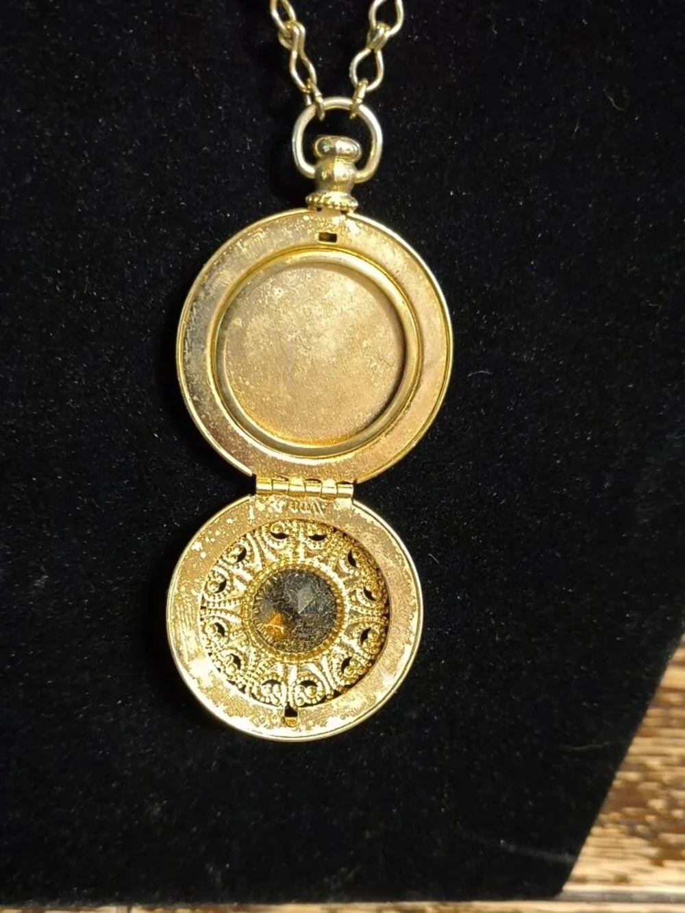 Vintage Avon Gold-Tone Filigree Locket Necklace with Amber Stone